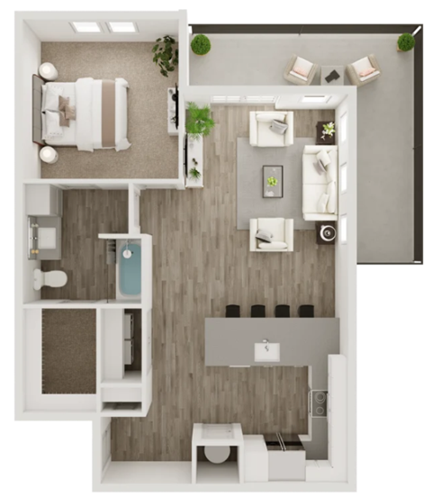 Floor plan for 1 bed, 1 bath, 826 sqft